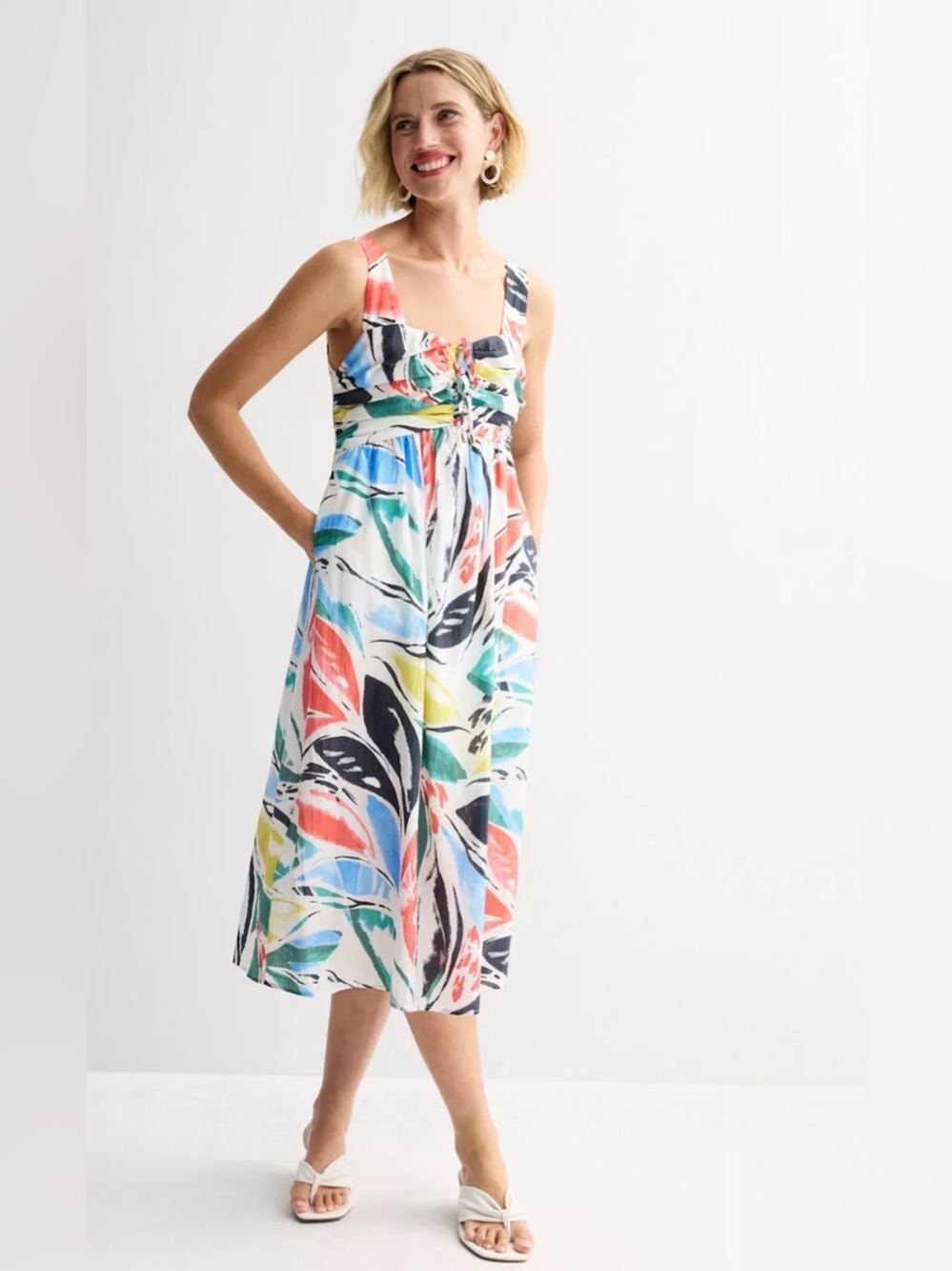 Colorful Tropical Art Print tie front sweat heart neckline Midi Dress size XXL